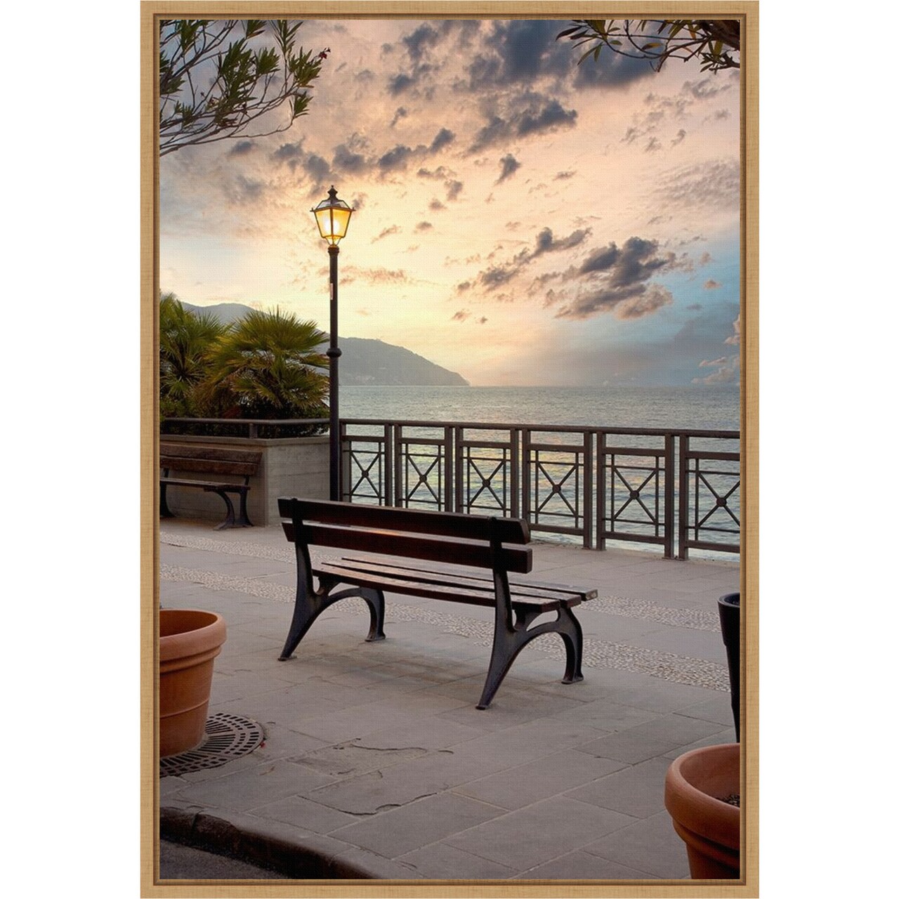 Monterosso Italy Bench at Sunrise by Alan Blaustein 16-in. W x 23-in. H. Canvas Wall Art Print Framed in Natural
